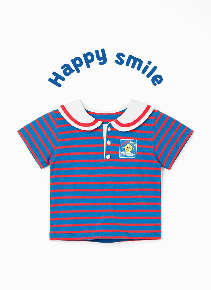 韓國 OZKIZ - 笑臉條紋水手翻領短袖上衣-藍X紅