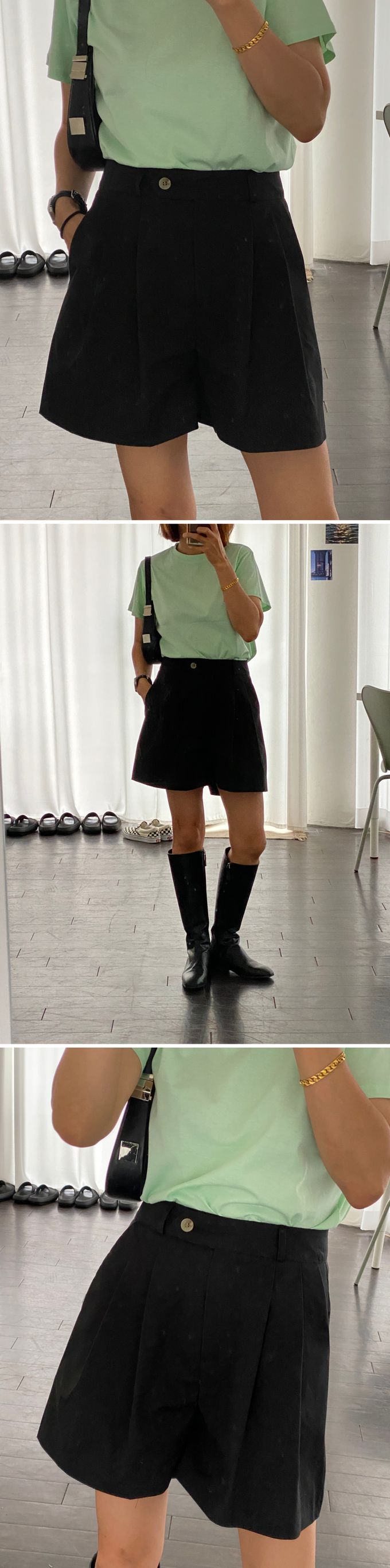 韓國 orrrn - 側邊鈕扣抓褶短褲-卡其