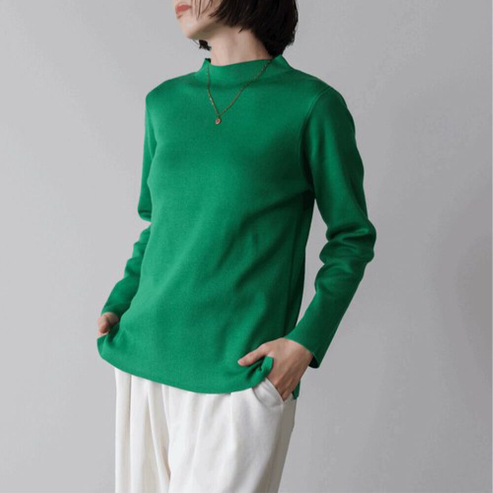 俐落感簡潔小立領針織上衣-草綠