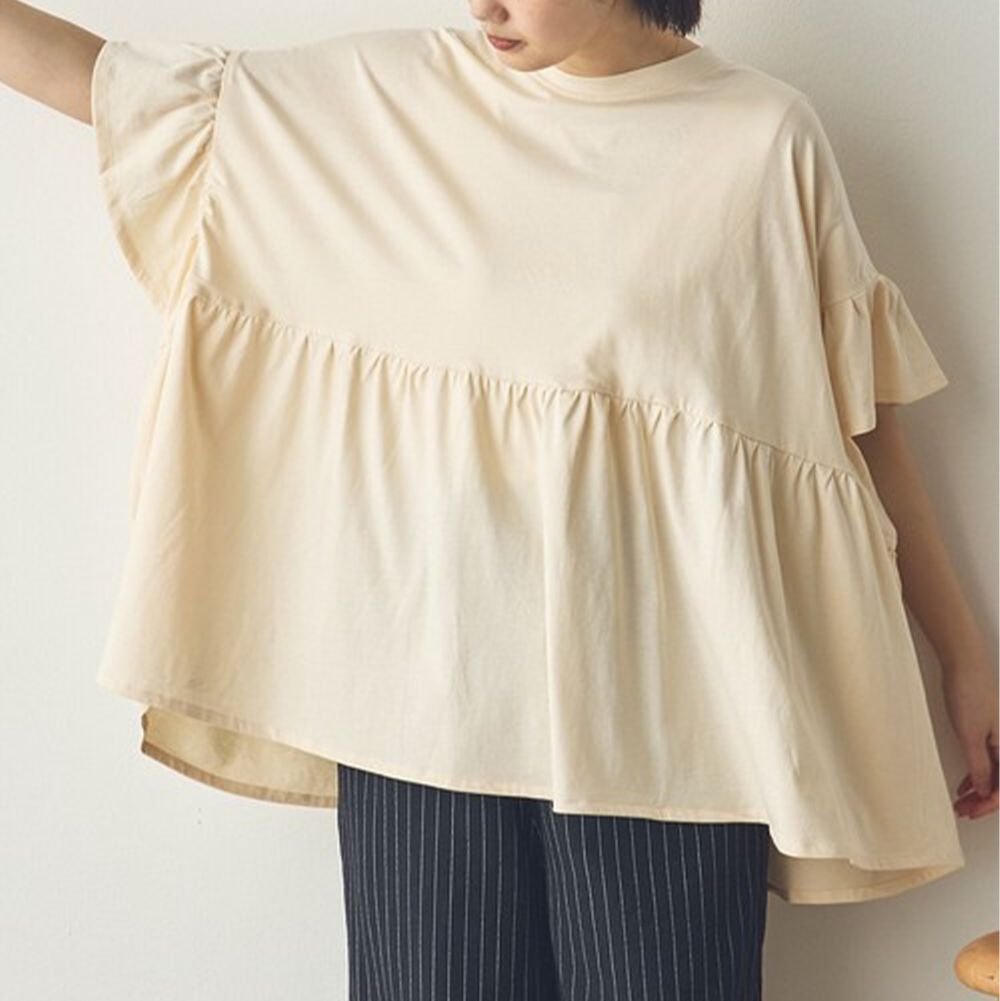 100%棉 浪漫荷葉寬鬆休閒短袖上衣-象牙米