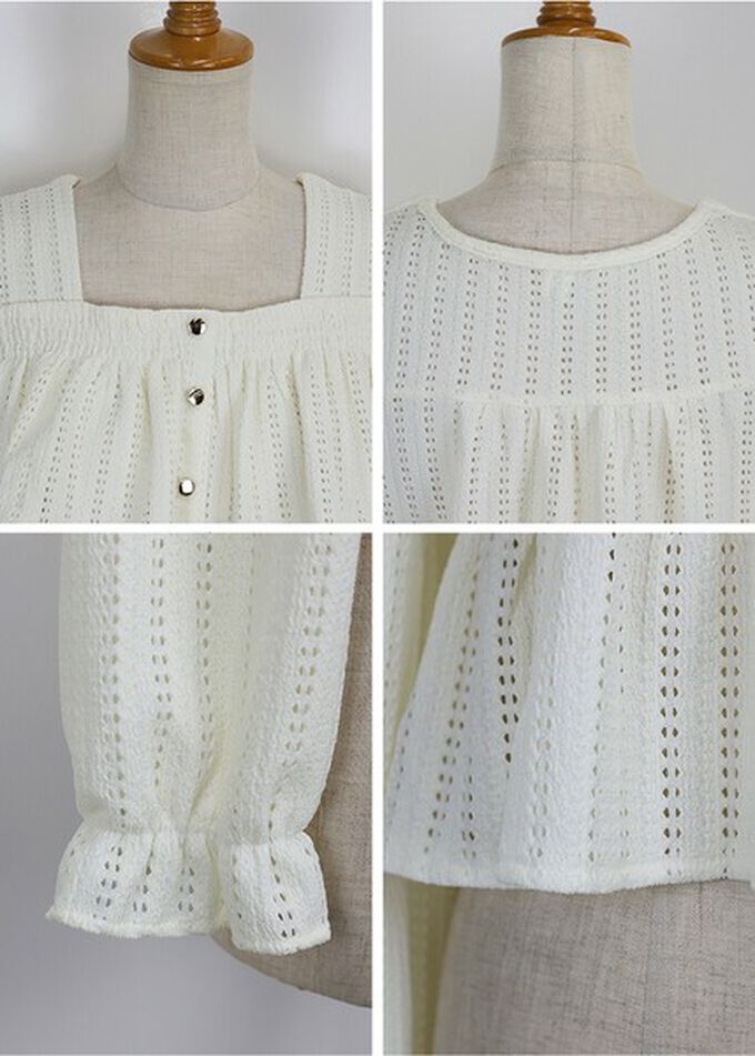 日本 BLUE EAST - 都會方領飄逸緹花層次長袖上衣-淺藍