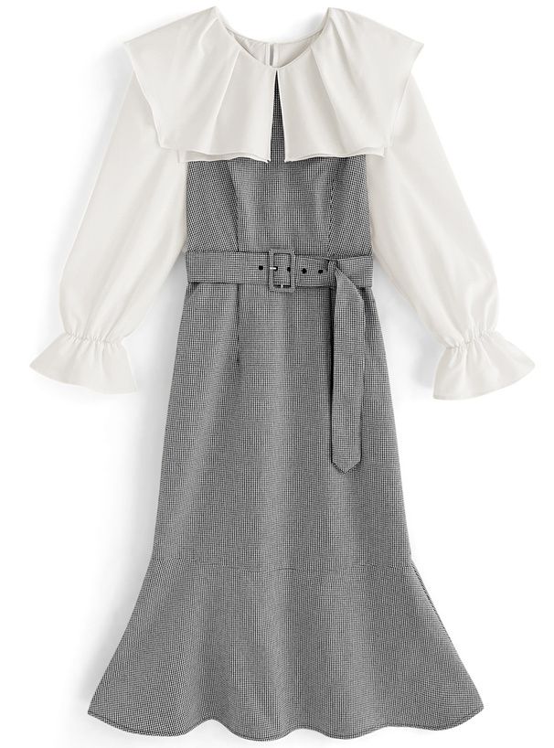 日本 GRL - 聯名款 雪紡荷葉領拼接格紋洋裝-黑