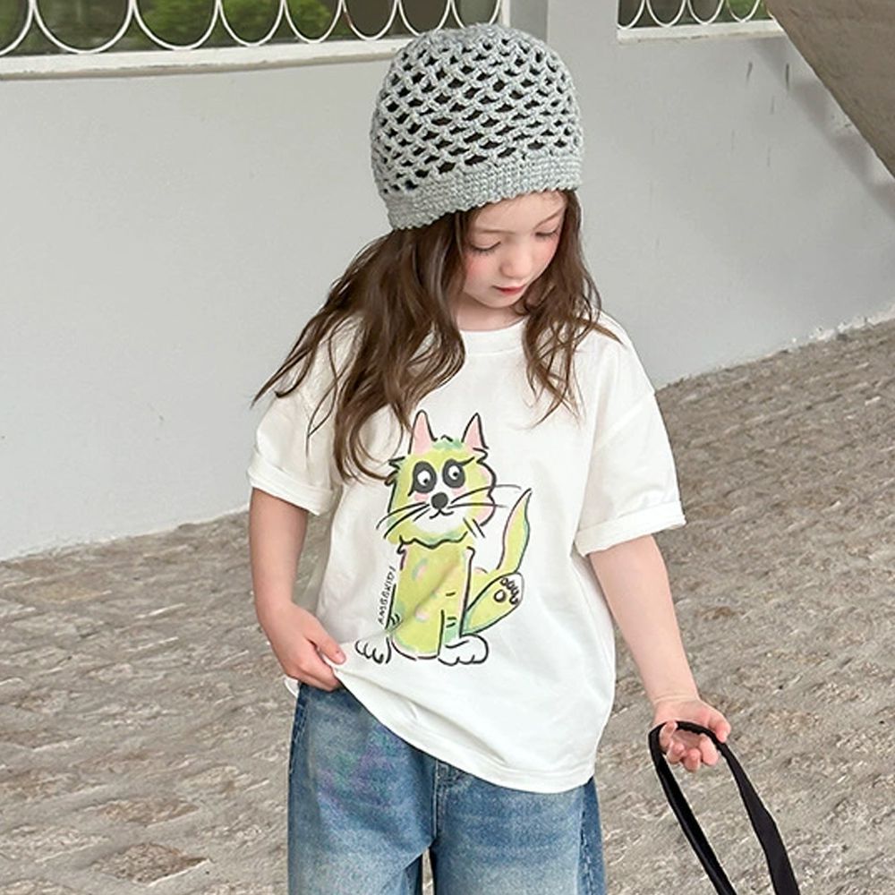 涼感手繪風美式休閒短袖上衣-小貓白色