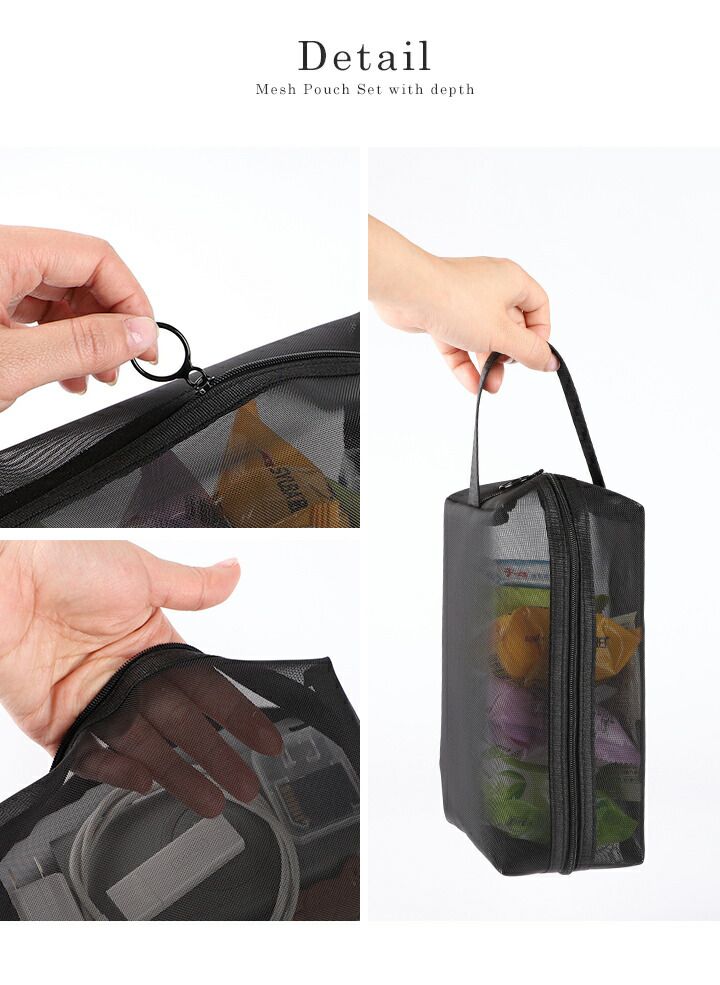 日本 LIZDAYS - 尼龍旅行收納包/化妝包3件組-質感黑