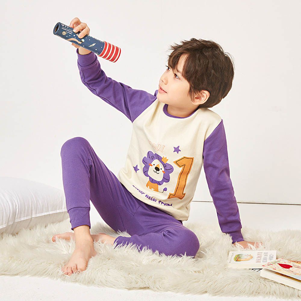 純棉圓領長袖家居服套裝/空調服-森林之王-拼色紫