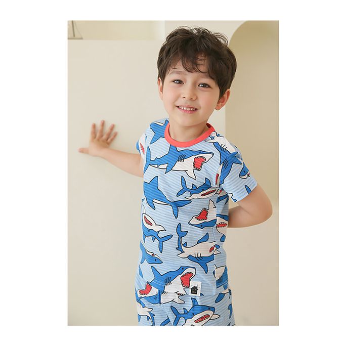 正韓 VOVO - 超優質嬰幼兒/兒童短袖100% 有機純棉家居服/睡衣-海洋鯊魚