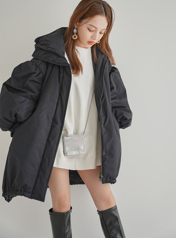 日本 GRL - 街頭感寬鬆鋪棉連帽外套-淺灰 (F)