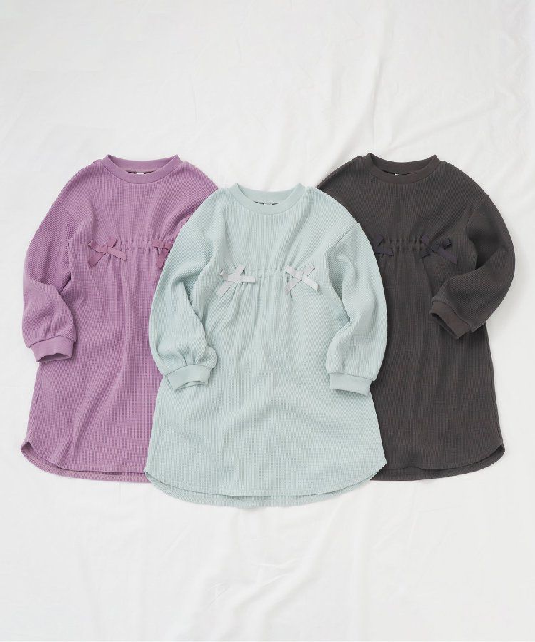 日本 apres les cours - 甜美華夫格長袖洋裝-緞帶裝飾-薄荷綠