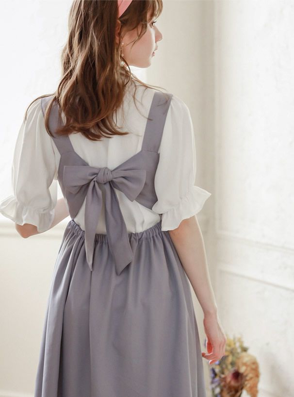 日本 GRL - 美背後綁帶蝴蝶結吊帶裙x五分袖上衣套裝-天空藍