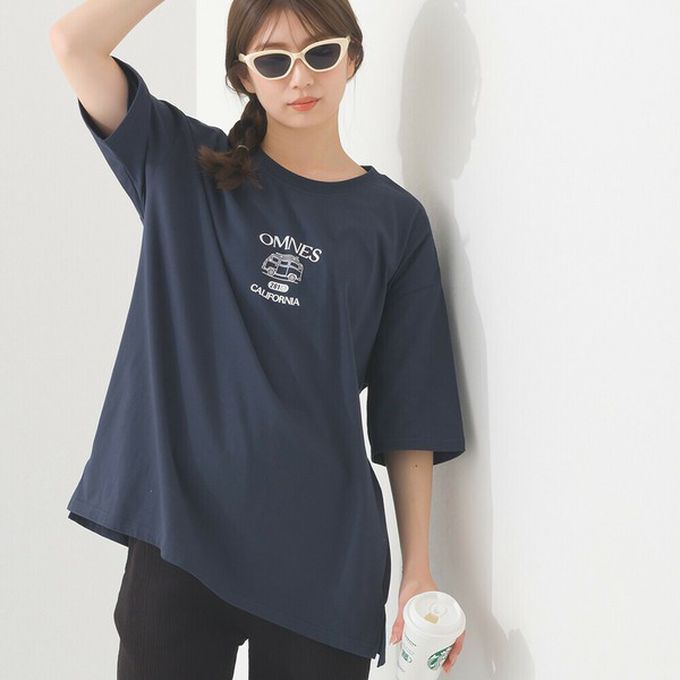 日本 OMNES - 純棉印花休閒短袖上衣-加州露營車-深藍