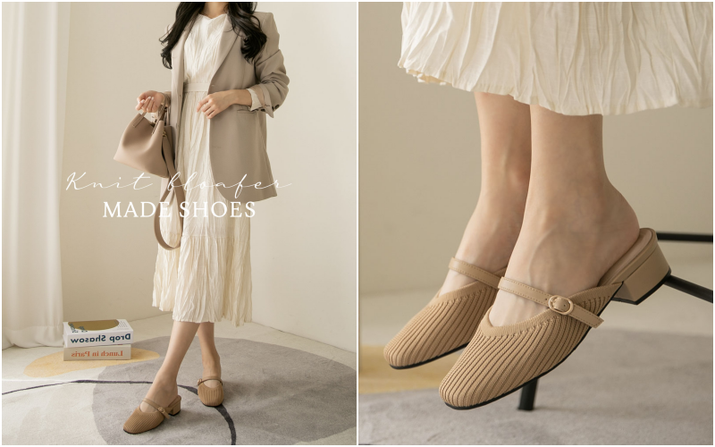 韓國 PINKELEPHANT - 秋日感針織面低跟穆勒鞋(4cm)-淺杏