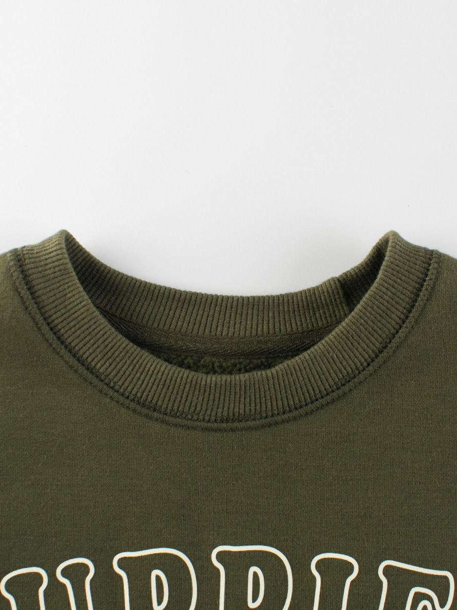 (大童)加絨圓領長袖上衣/大學T-狗狗家族-軍綠色