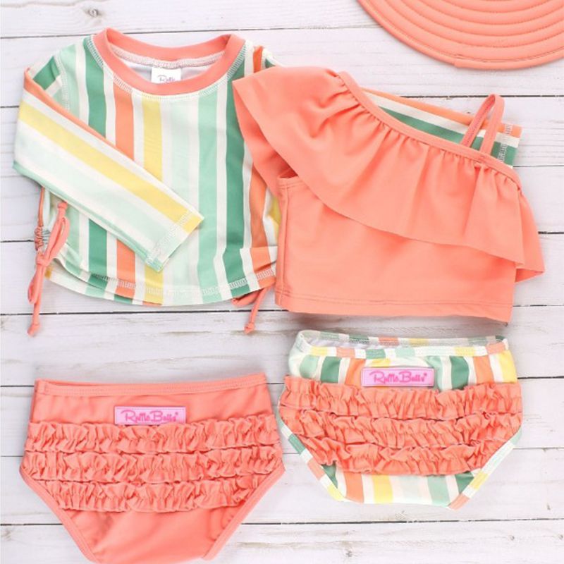 美國 RuffleButts - 小女童UPF 50+防曬兩件式無袖泳裝-橘色軟糖