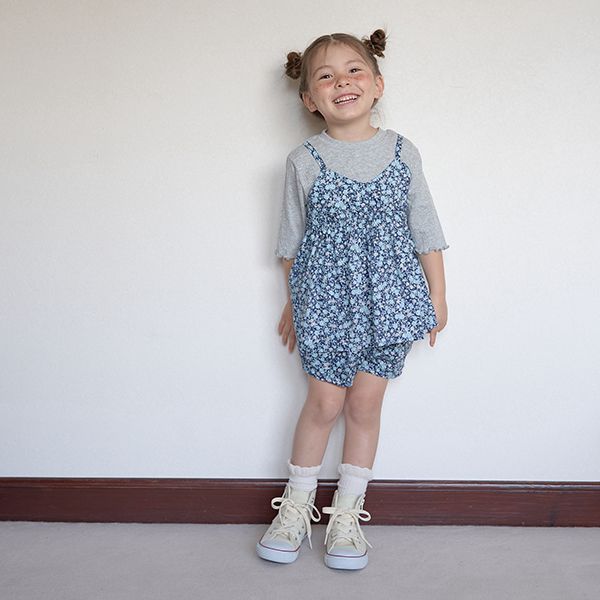 日本 Lycee mine - 假二件吊帶五分捲邊袖上衣-灰x藍花