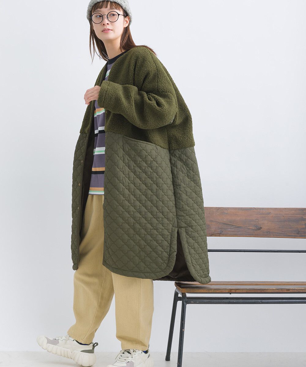 日本女裝代購 - 毛茸雲朵絎縫拼接長版鋪棉外套-軍綠