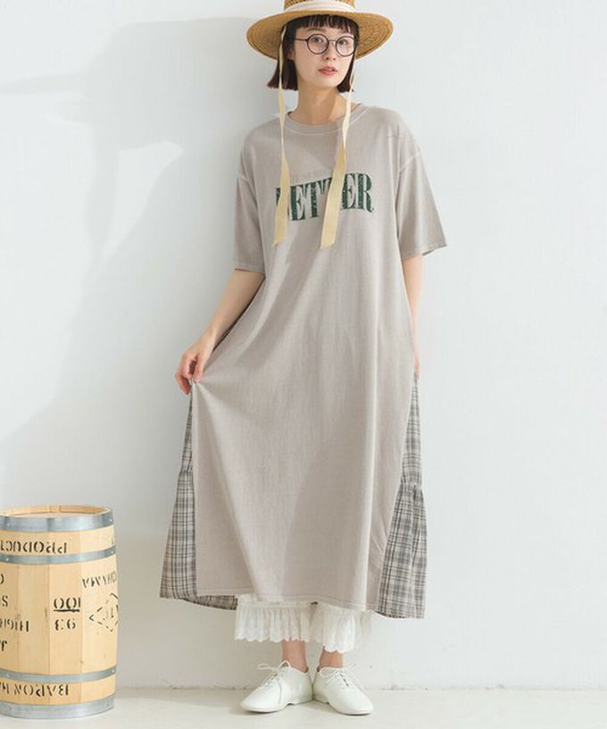 日本 Lupilien - 復古寬鬆格紋拼接短袖洋裝-BETTER-粉紅