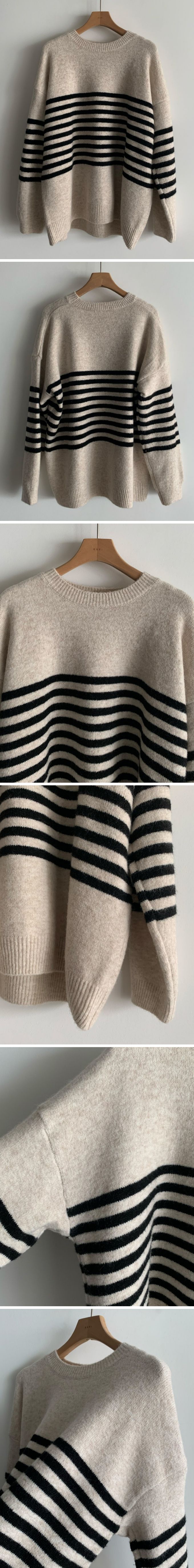 韓國女裝連線 - 條紋點綴寬鬆版型針織上衣-燕麥杏 (FREE)