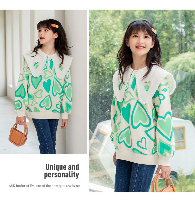 不規則翻領長袖上衣-滿版愛心-綠色