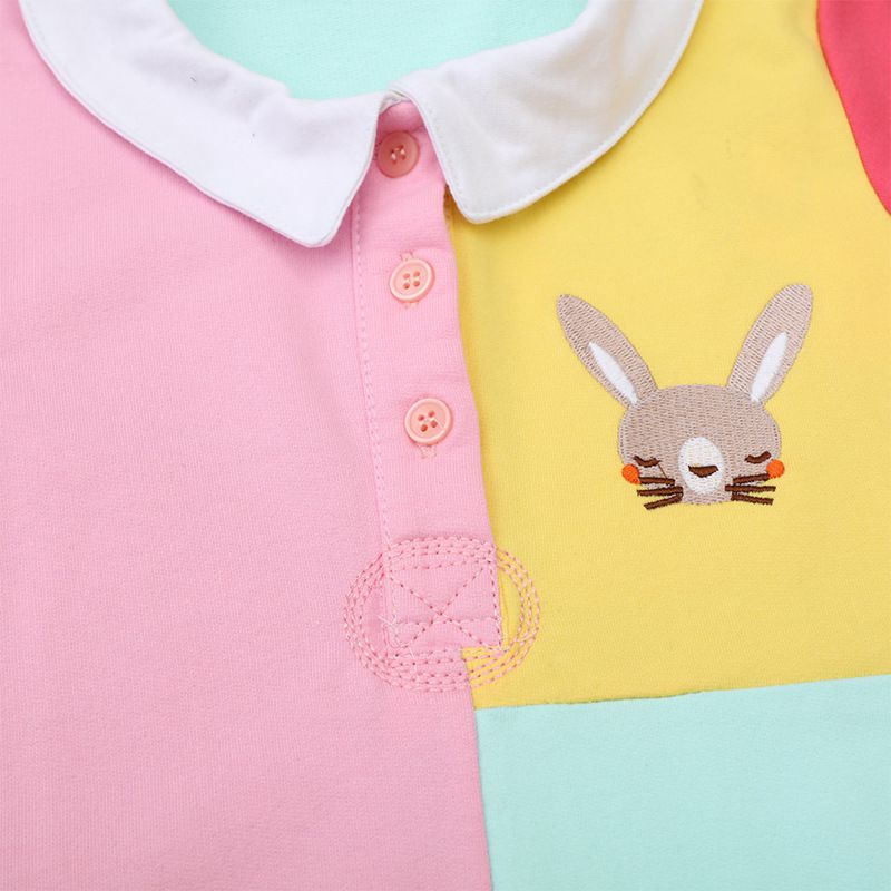 Jumping meters - 純棉翻領拼色長袖連身洋裝-兔子-粉+藍+紅+黃