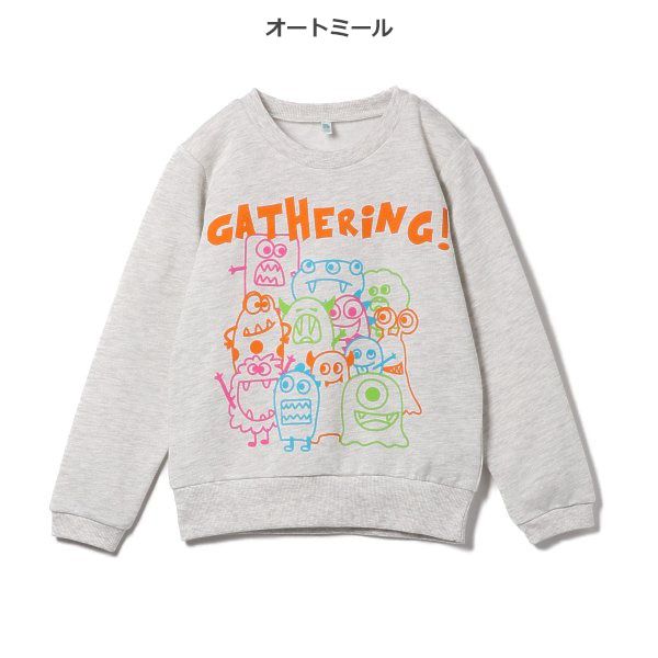 日本西松屋 - 刷毛圓領印花長袖上衣-小怪獸們-燕麥