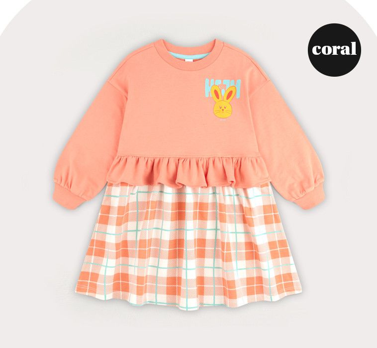 韓國 HEJMINI - 假兩件小黃兔格子洋裝