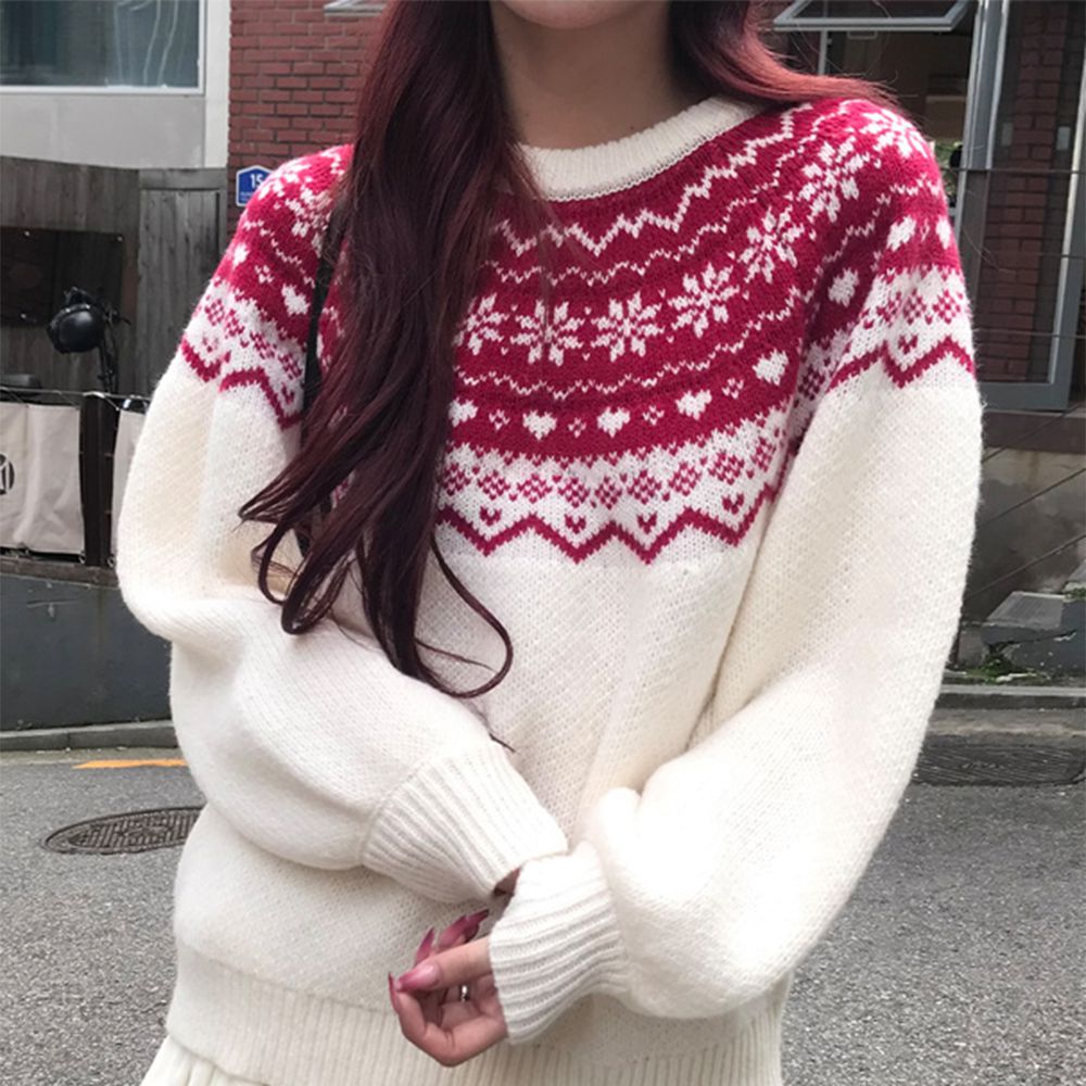 簡潔北歐印花溫柔針織上衣-紅 (F)