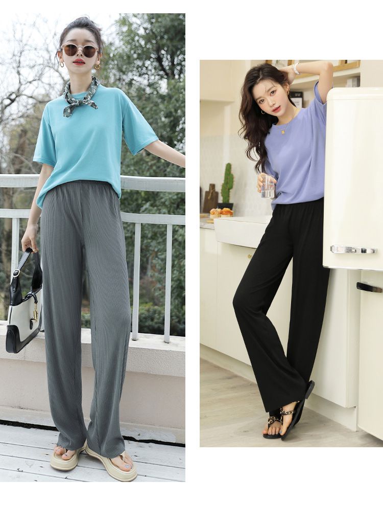 高腰垂墜落地寬褲/皺皺褲-黑色