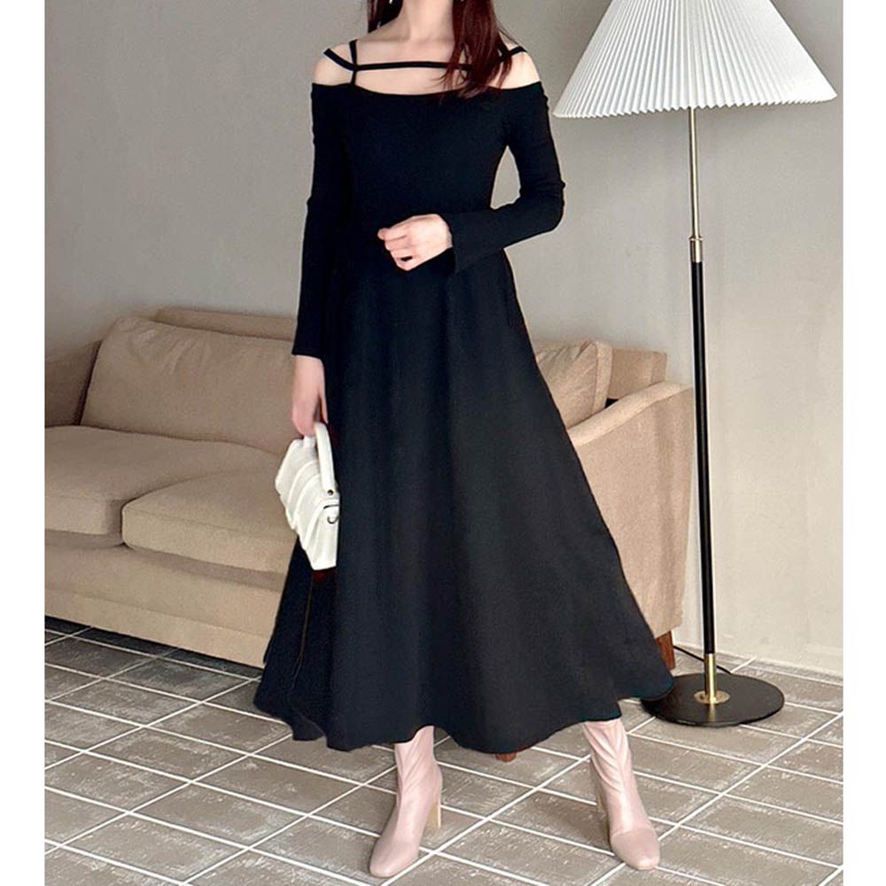 絲帶魅力飄逸針織長袖洋裝-黑