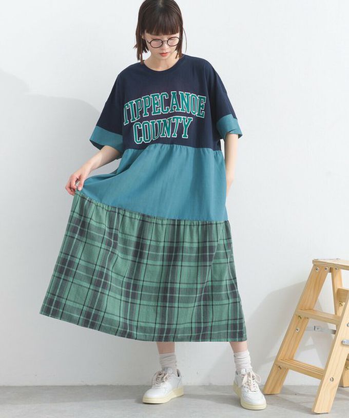 日本 Lupilien - 復古學院風 撞色格子拼接短袖洋裝-咖啡棕