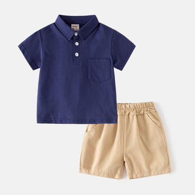 WELLKIDS - 休閒翻領短袖上衣+五分褲套裝-小口袋-藏青