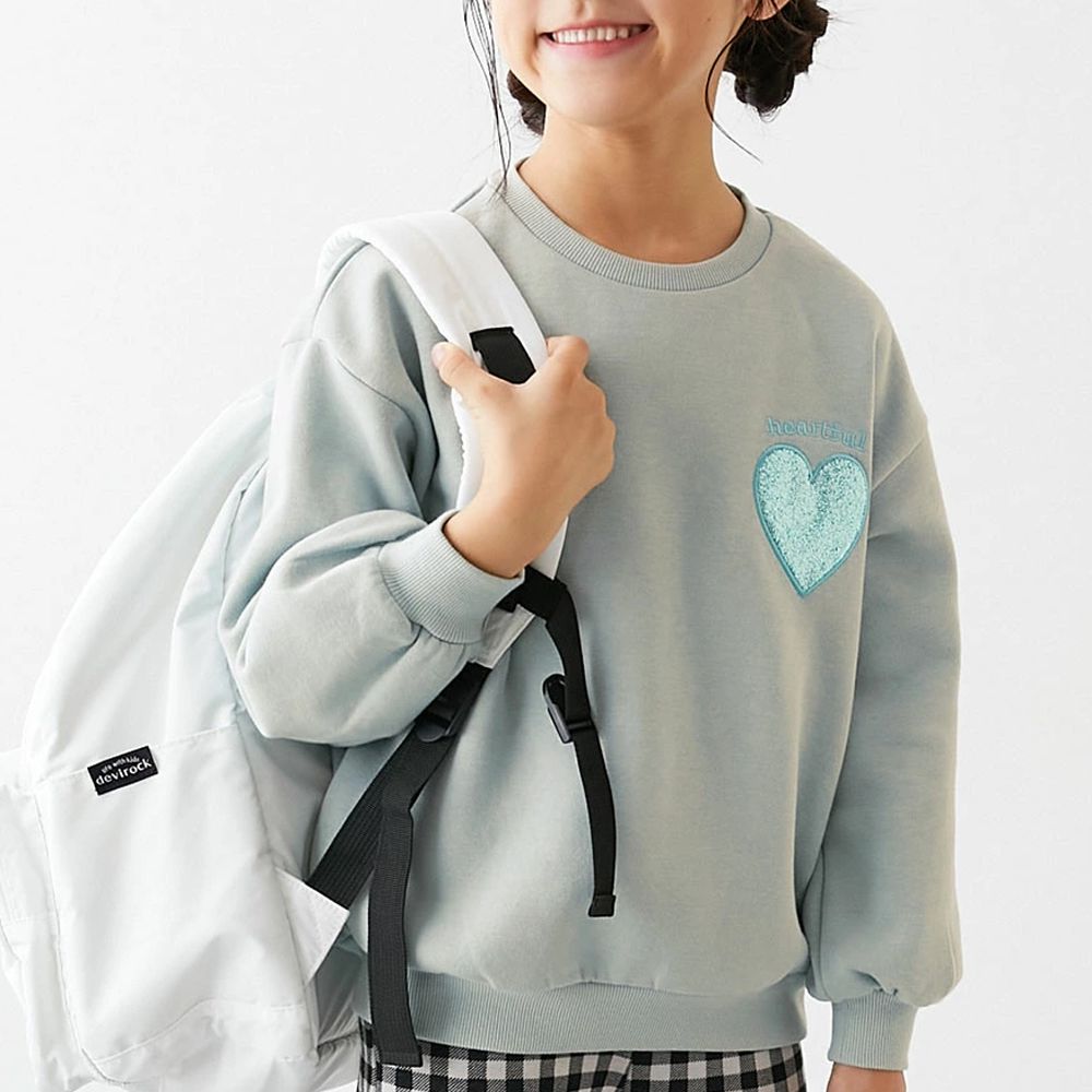 閃亮愛心廓形大學長袖上衣-灰綠