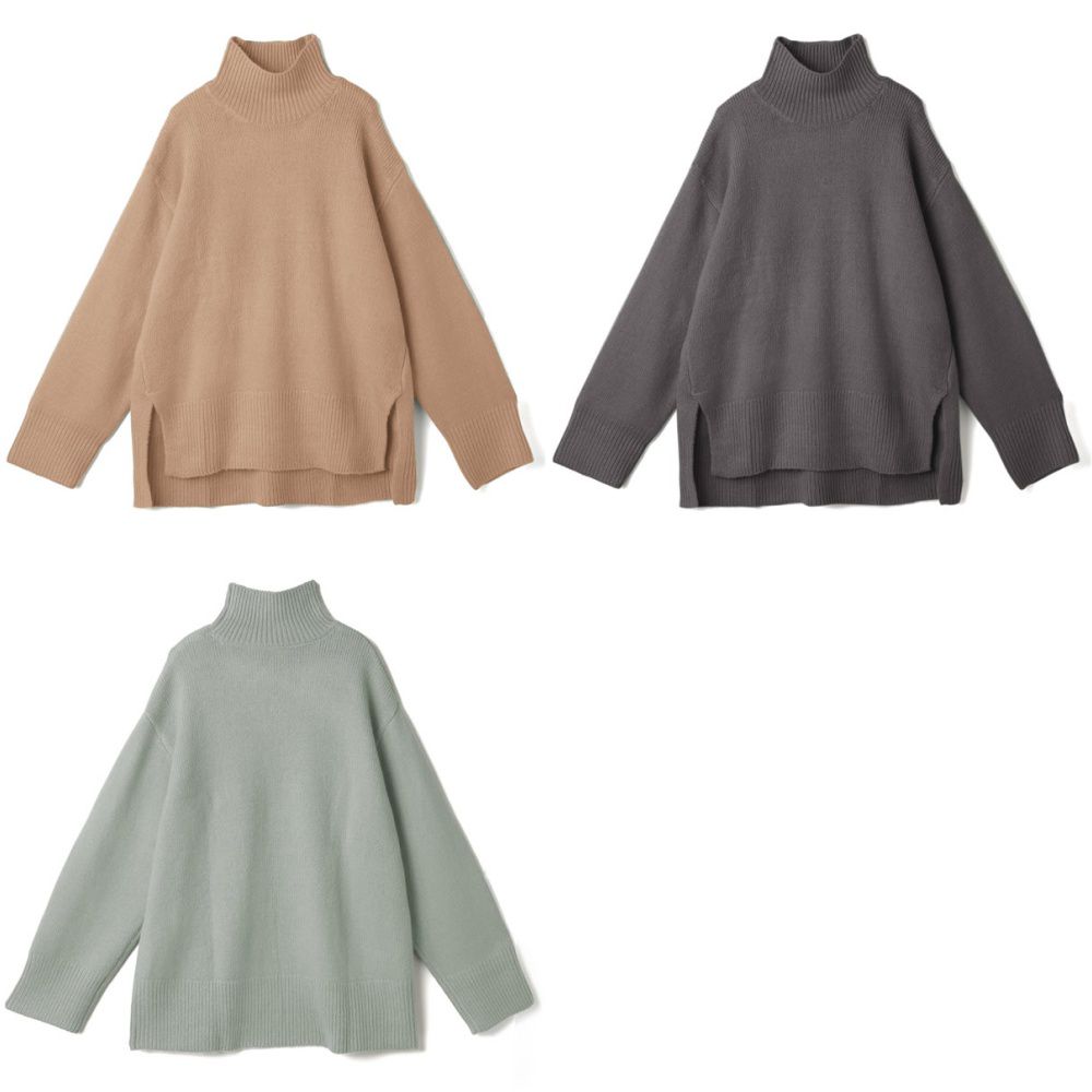 日本 GRL - 立領前短後長寬鬆針織毛衣-深咖啡