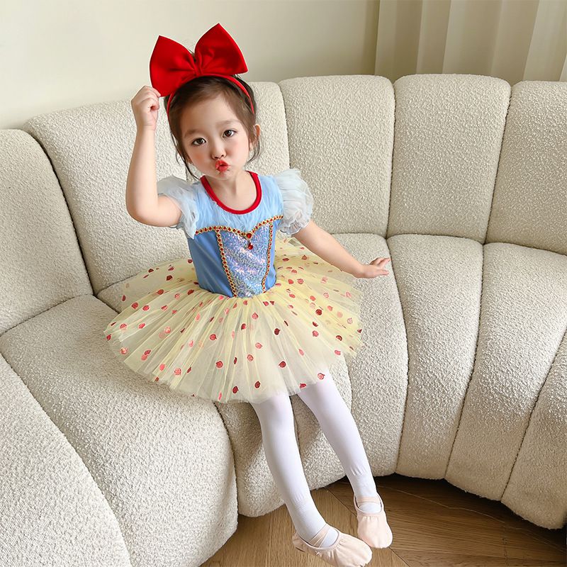 短袖造型公主裙/芭蕾舞裙-圓點寶石-藍+奶油黃