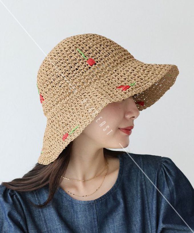 日本 BLUE EAST - 可愛刺繡編織遮陽漁夫帽-淺卡其