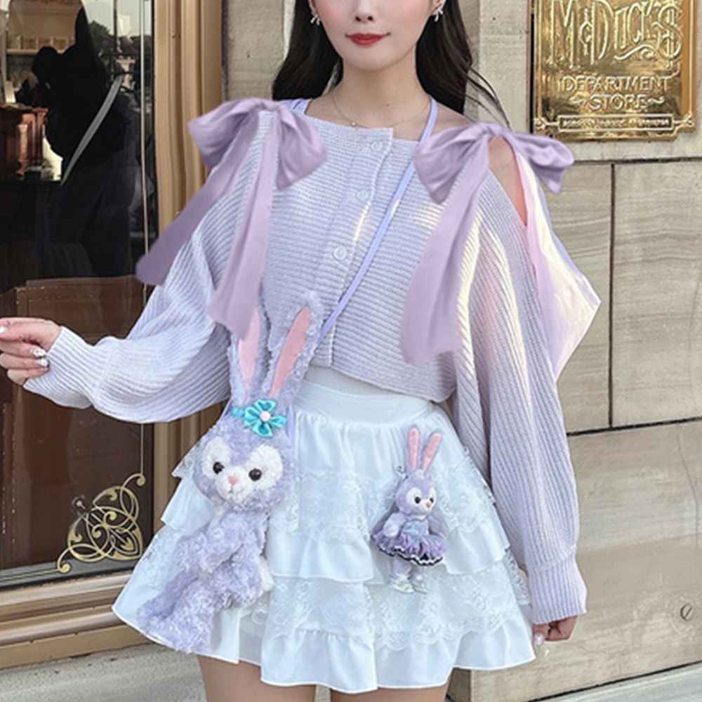 浪漫露肩蝴蝶結寬袖針織開襟衫-薰衣草 (F)