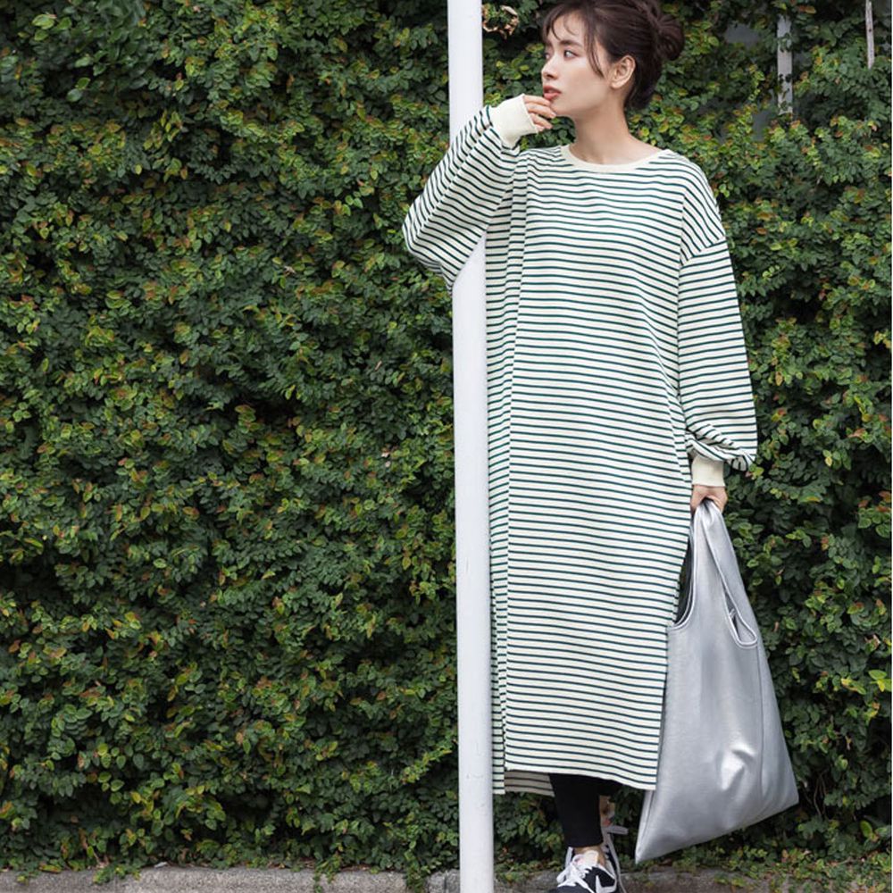 日本 COCA - 細條紋圓領長袖洋裝-媽媽-綠