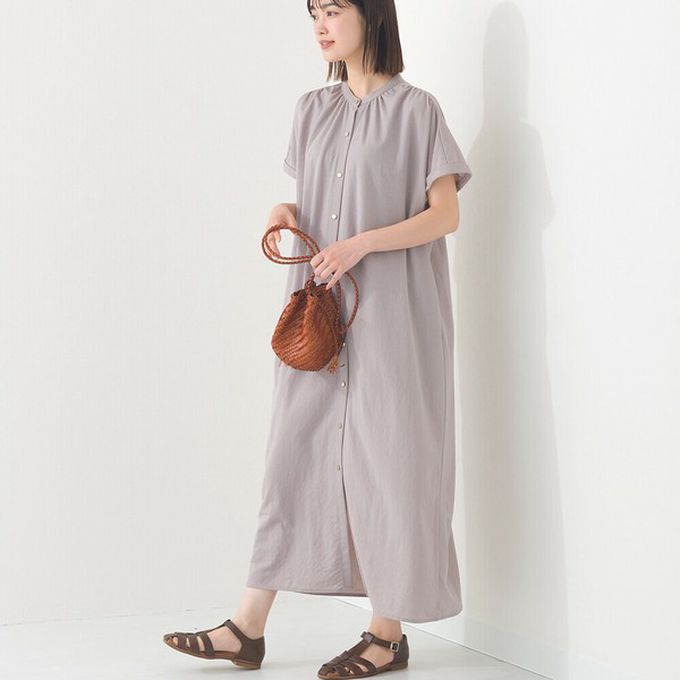 日本 OMNES - 接觸涼感 氣質金釦襯衫式短袖洋裝-濃綠