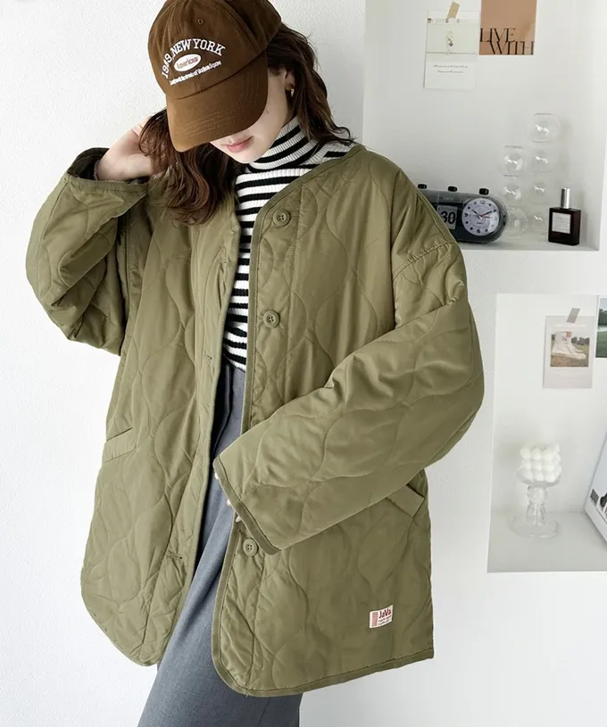 日本 Classical Elf - 簡約絎縫泡泡紋鋪棉外套-淺米杏