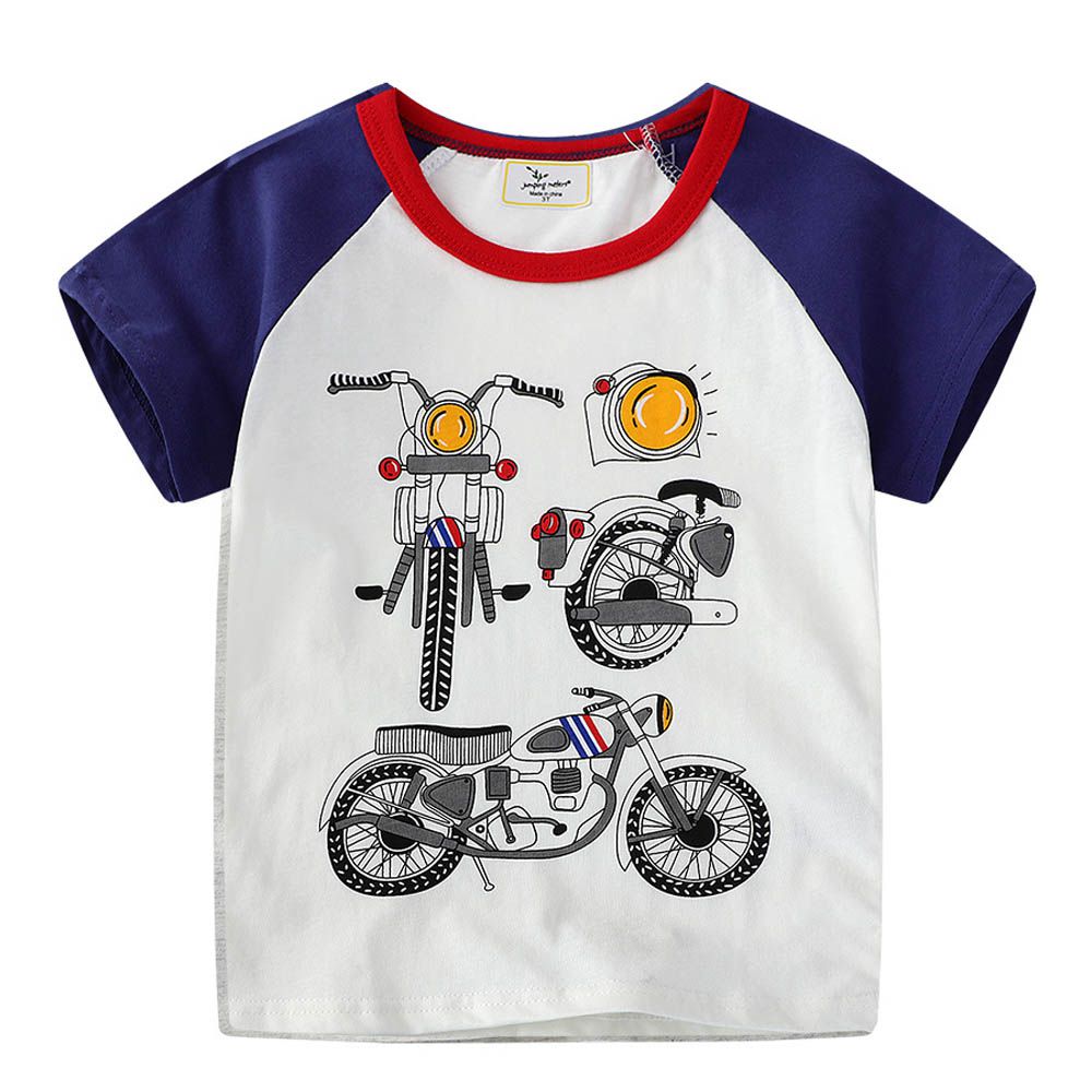 棉質圓領短袖上衣-帥氣摩托車-拼色白