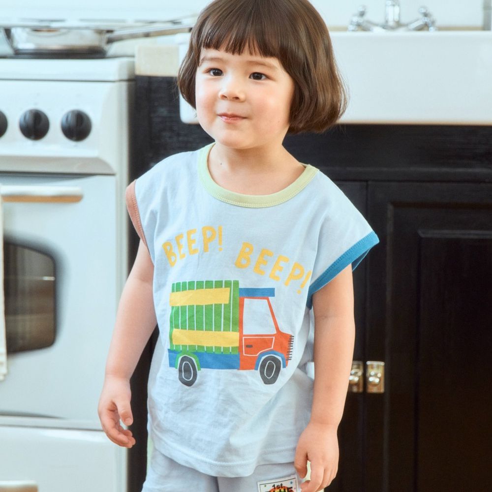 First Blue 工程車圖案純棉無袖上衣-貨車-淺藍