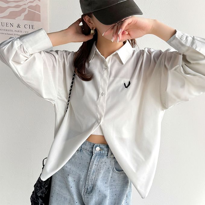 日本 Classical Elf - 羽毛logo刺繡 落肩率性襯衫-白