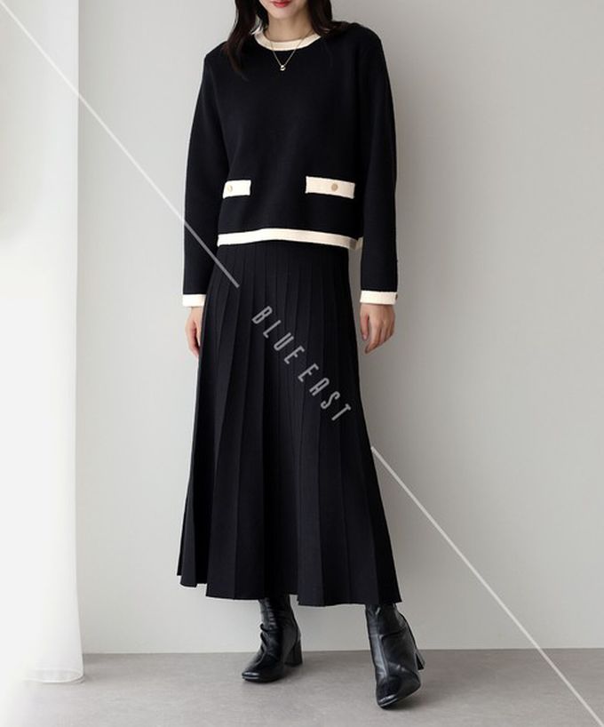 日本 BLUE EAST - 金釦滾邊針織上衣+優雅百摺長裙(2件組)-棕x藍