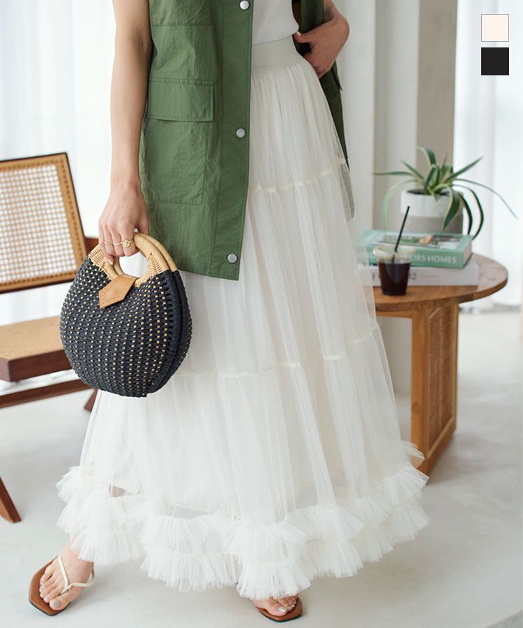 日本 Kobe Lettuce - 夢幻荷葉擺修身層次紗裙-黑