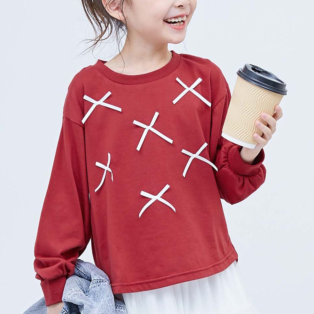 可愛緞帶寬鬆版型長袖上衣-紅