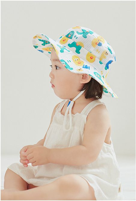兒童透氣遮陽帽/漁夫帽-英文字怪物-白色