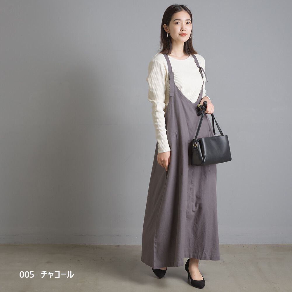 日本女裝代購 - V 領純棉斜紋吊帶裙-薑黃 (Free size)