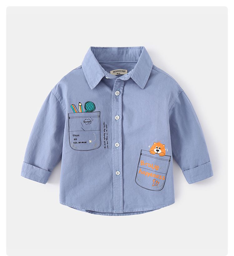 WELLKIDS - 純棉童趣長袖襯衫-畫畫熊-藍色