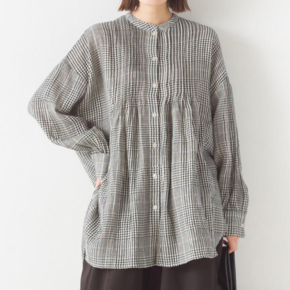 日本 OMNES - 二重紗氣質細摺長袖襯衫-黑白格紋