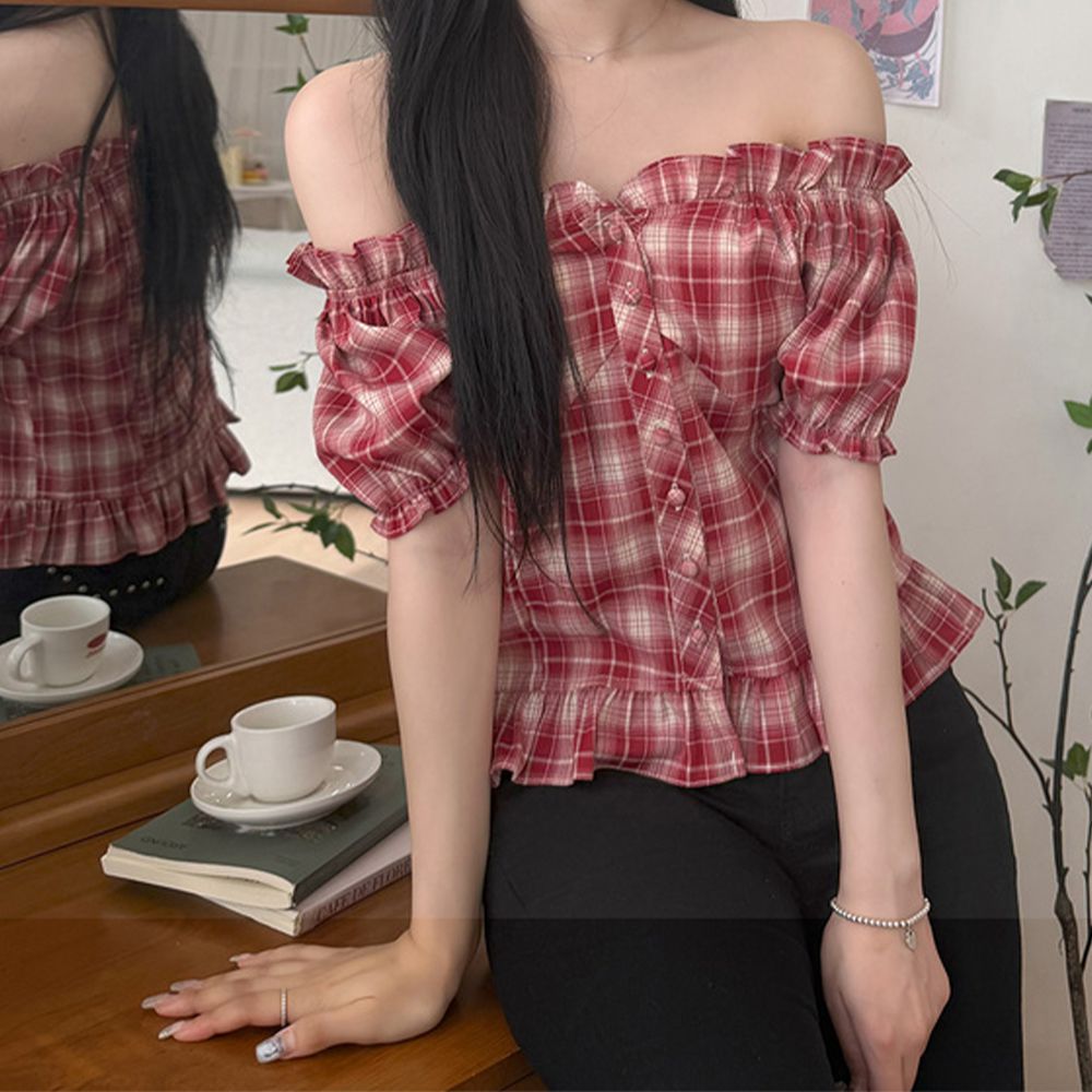 經典格紋澎澎2way迷你短袖襯衫-紅 (F)
