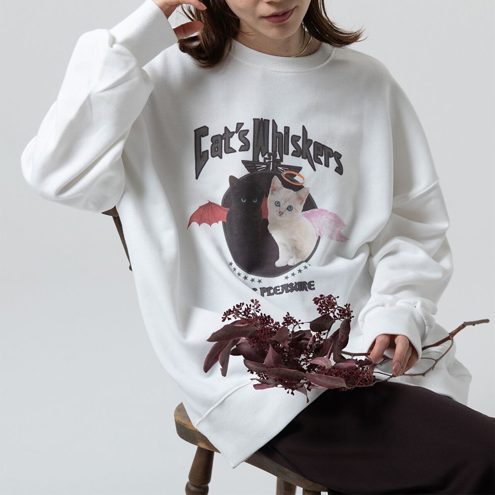 裏毛寬版天使惡魔貓咪印花大學T-白